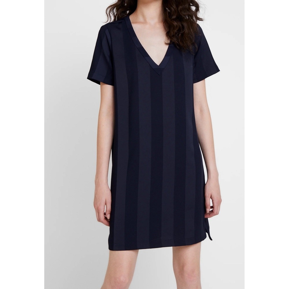 Scotch & Soda Tonal Striped Crepe Shift Dress Size Large Navy Blue Short Sleeve